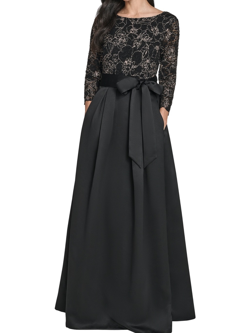 Jessica Howard Black Lace Bodice Maxi Dress with Satin Waistband